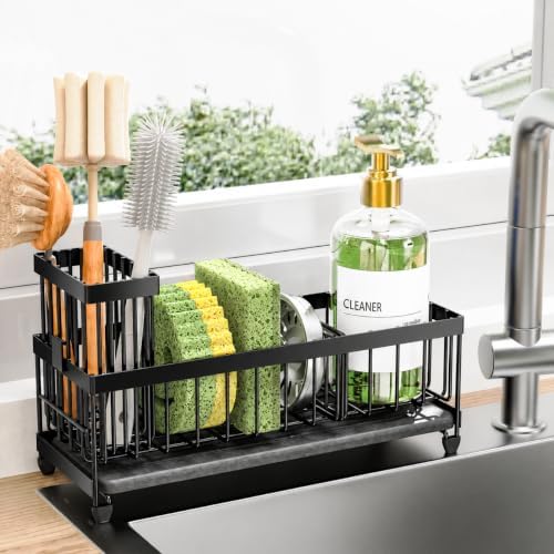 Cisily Sponge Holder for Kitchen Sink, Sink Caddy Organizer with High Brush Holder, Kitchen Countertop Organizers and Storage Essentials (Black Shelf with Stone Tray, Small) by CISILYHOMELIFE
