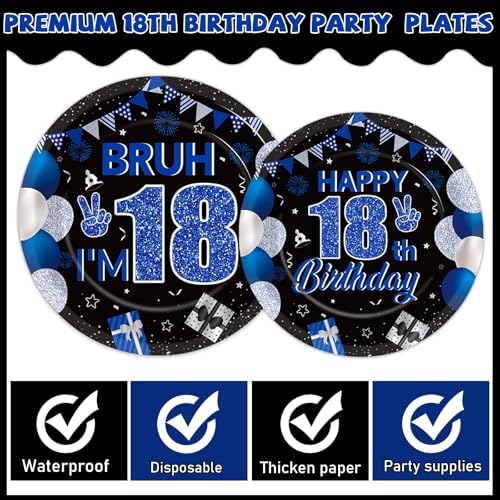 96PCS 18th Birthday Party Paper Plates and Napkins and Forks Set for Blue and Silver Bruh I'm 18 Years Old Party Paper Plates Disposable Decor Happy 18th Parties Set for Teens Birthday Decorations - Image 3