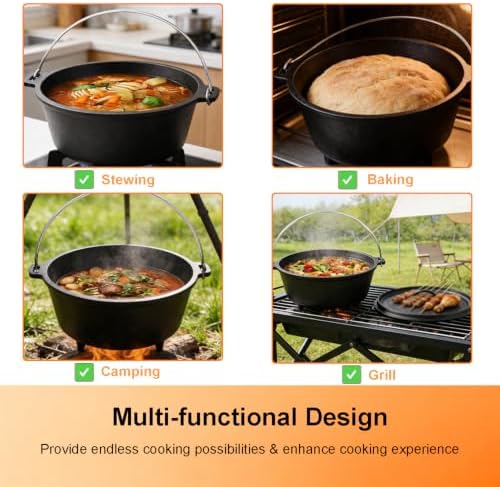 Cast Iron Dutch Oven, Camping Deep Pot w/Lid Lifter & Pot Stand, 6 Quart - Image 5