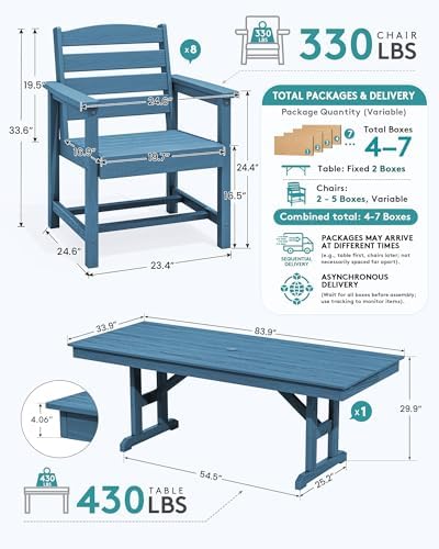 SERWALL 9Pcs 84" HDPE Outdoor Dining Set for 8 with Armchairs,Blue - Image 2