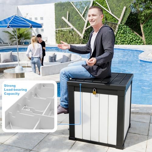 ROJIK Outdoor Storage Housing Deck Box - Waterproof Patio Furniture, Garden Tools, Cushions, Pool Accessories Storage Bench with Lockable Lid and Side Handles (Black & Whiter, 50 Gal) - Image 3
