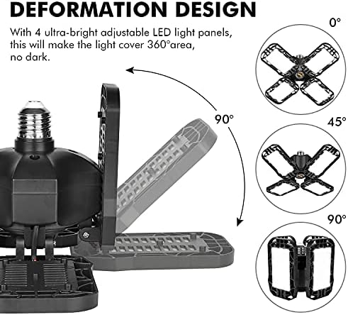 Tudoccy LED Garage Light 4 Pack, 120W Ultra Bright LED Shop Light with 4 Adjustable Panels, 18000LM E26/E27 Base Deformable Ceiling Fixtures for Garage, Workshop, Attic, Basement, Barn (Black-4 Pack) - Image 3
