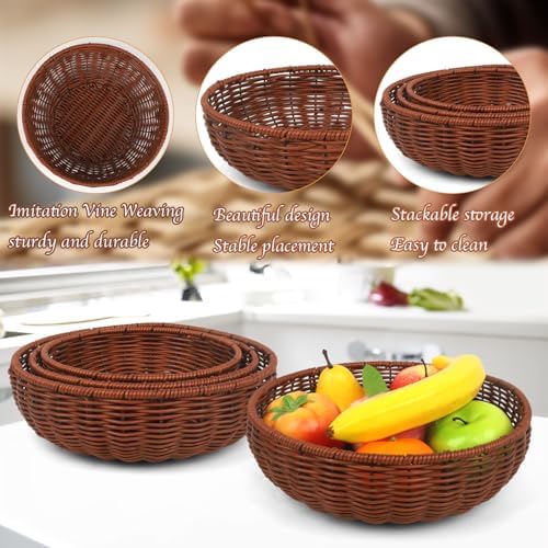 Imitation Wicker Bread Basket, 3 Pack Woven Rattan Basket Round Woven Baskets Woven Breads Baskets For Serving Vegetables, Kitchen, Restaurant, Outdoor, 3 Sizes (Brown) - Image 4
