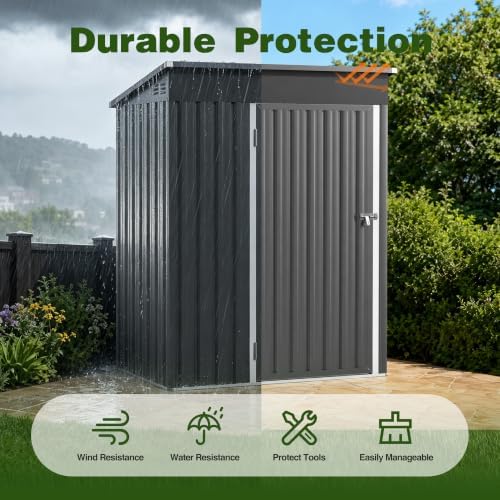 5 x 3 FT Outdoor Storage Shed, Waterproof Metal Garden Tool Shed with Sloped Roof, Magnetic Light, Lockable Door & Air Vents for Backyard Patio Lawn, Dark Gray - Image 7
