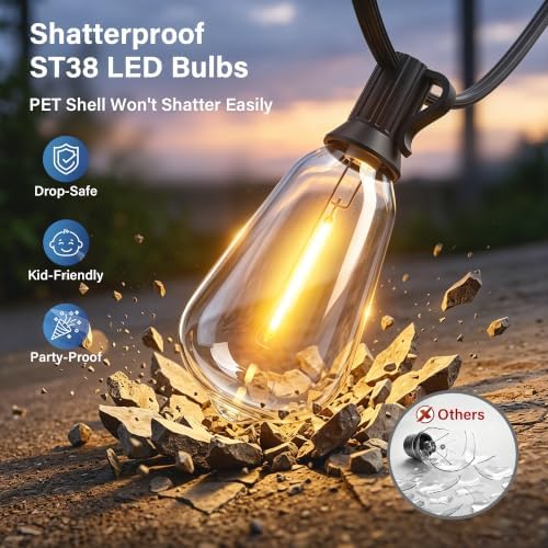 Guhope 54 FT Outdoor String Lights for Outside, Dimmable ST38 Edison LED Patio Lights with Timer, 3 Lighting Modes, IP45 Waterproof String Lights with Remote for Backyard Garden Porch Party Decor - Image 3