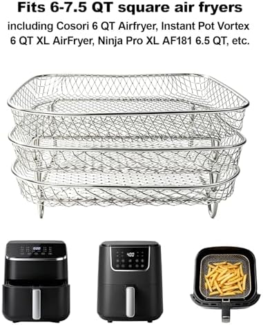 Air Fryer Accessories 9-Pcs – 8.1" Square 3-Tier Stackable Dehydrator Racks for Cosori, Instant Vortex, and Ninja Foodi Grill – 304 Stainless Steel Grill Rack Compatible with 6-8QT Air Fryer, Oven - Image 4