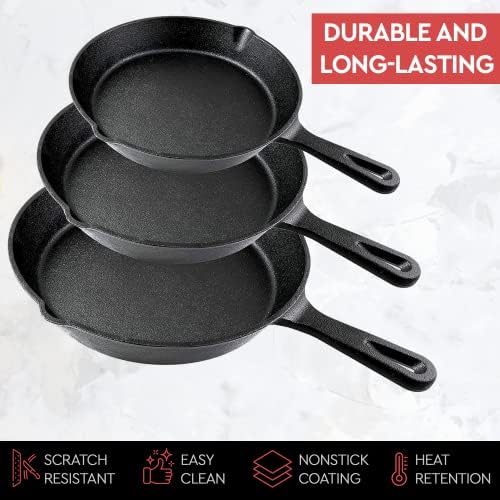 Cast Iron Skillet 3-Piece Set w/Cookbook - Heavy-Duty Professional Restaurant Chef Quality Pre-Seasoned Pan Cookware - 10", 8", 6.25" Pans - For Frying, Saute, Cooking, Pizza - Black - Image 2