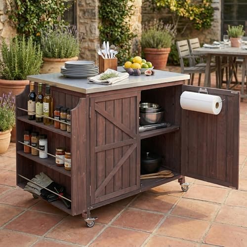 42.1" Outdoor Kitchen Island with Side Shelf and Stainless Top, Dark Brown by JIJIWANG