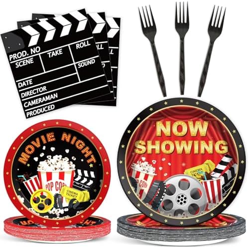 Naozinebi Movie Night Party Plates Movie Themed Paper Tableware Now Showing Theater Themed Decorations Dinnerware for Film Action Lights Camera Red Carpet Birthday Party Supplies Serve 24 by Naozinebi