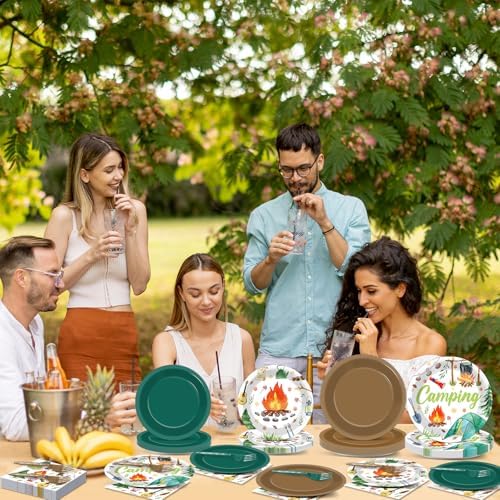 96 Pcs Camping Birthday Party Decorations Camping Plates and Napkins Camper Paper Plates Camp Adventure Disposable Tableware for Boys Girls Campfire Birthday Party Decoration Serve 24 Supplies Camper - Image 6