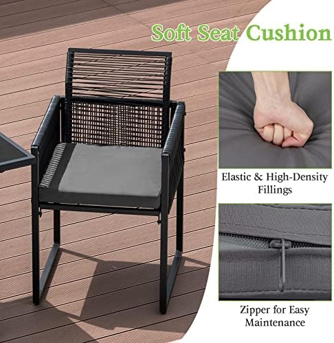 Tangkula 3 Pieces Outdoor Dining Set, Patio PE Rattan Furniture Set with Folding Backrest, Cozy Seat Cushions, Tempered Glass Tabletop, Space-Saving Rattan Chair Table Set for Backyard, Poolside - Image 5