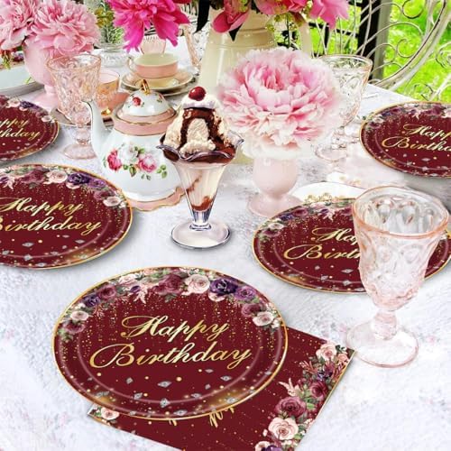 40pcs Red Happy birthday Supplies,include 20 Dessert plate and 20 Napkin,Red and Gold Party Plate Napkin Set,Used for Girls and women Party Decoration - Image 5