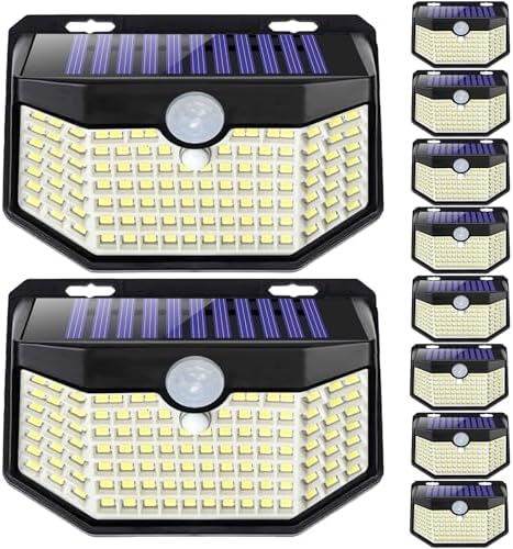 HMCITY Outdoor Solar Lights 120 LED with Motion Sensor and 3 Lighting Modes, IP65 Waterproof, 130 ° Wide Solar Wall Lights Powered for Garden Patio(Front Button 10Packs, Black Shell-Daylight White) by LightingUpYourLife