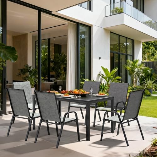 Pamapic Outdoor Dining Sets for 6, Rectangular Steel Slat Table with 6 Textilene Chairs, 7 Piece Patio Table and Chairs Set with Umbrella Hole for Patio, Backyard, Poolside (Grey, No Umbrella) - Image 3