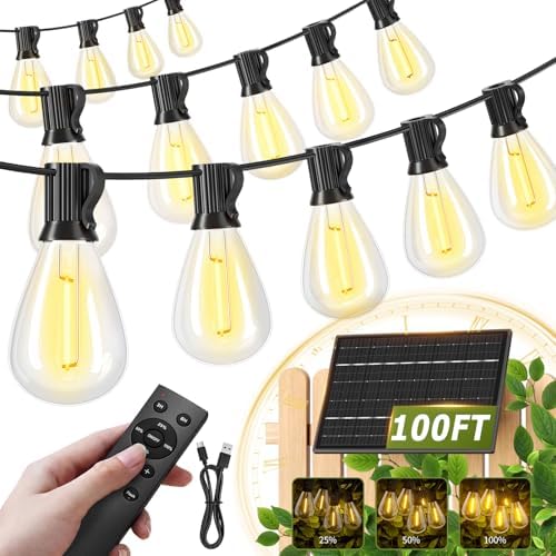 100FT Solar Outdoor String Lights with 36+2 Edison Shatterproof Waterproof Bulbs, 2200K Commercial Grade Patio Lights, Heavy Duty Outside Hanging for Garden Porch Deck Decor by AMZRAP