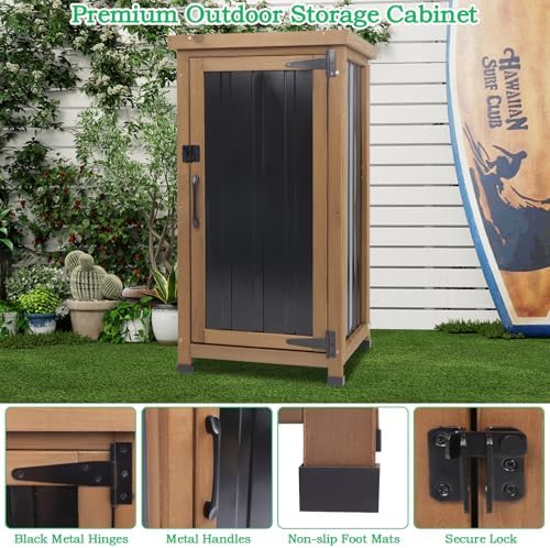 Small Outdoor Storage Cabinet Weatherproof, Wood Garden Potting Bench Table with Removable Shelves, Metal Top, Outdoor Cabinet Work Station for Patio, Backyard, Brown,17.9''x17.9''x33.5'' - Image 4