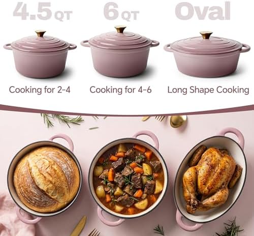 Vintage Style 6 Quart Dutch Oven Pot with Lid, Non Stick Enameled Cast Iron Dutch Oven for Bread Baking, Heavy-Duty, Oven Safe Ceramic Cookware Up to 500°F for Baking, Braising, Stews, Roasting, Pink - Image 3