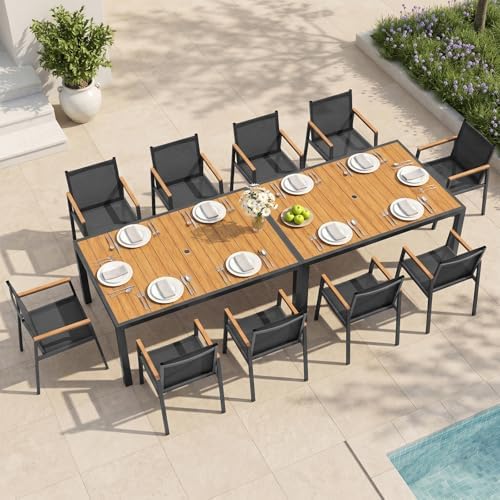 Outdoor Dining Set for 10, Aluminum Patio Table and Chairs Set, 12-Piece All Weather Patio Dining Furniture Set with Umbrella Hole for Backyard, Deck, Poolside (Gray-Teak) by Oasbira