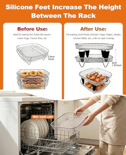 Air Fryer Accessories 9-Pcs – 8.1" Square 3-Tier Stackable Dehydrator Racks for Cosori, Instant Vortex, and Ninja Foodi Grill – 304 Stainless Steel Grill Rack Compatible with 6-8QT Air Fryer, Oven - Image 5