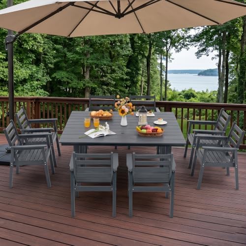 10-Piece Outdoor Dining Set, All-Weather HDPE Patio Furniture, Two 66.5" Slatted Table with 1.6" Umbrella Hole & 8 Ergonomic Armchairs, Heavy Duty 350lbs Capacity, UV Resistant, Gray - Image 2