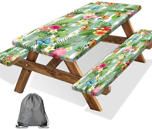 Picnic Table Cover with Bench Covers, Camping Essentials Hawaiian Luau Tropical Palm Leaves Flower Butterfly Waterproof Windproof Fitted Tablecloth Cover with Elastic Edge for Outdoor 3 PCS 30x96 Inch by Xguatan
