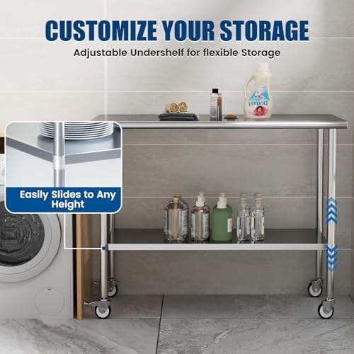 Stainless Steel Work Table with Wheels, 24x60 Inch NSF Kitchen Prep Table with Adjustable Undershelf for Commercial Restaurant, Garage, Outdoor BBQ - Image 4