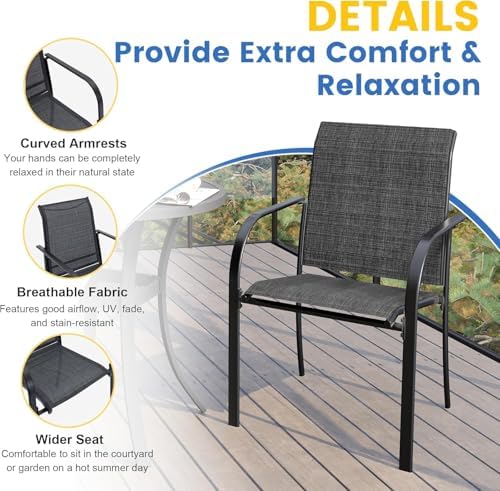 VICLLAX 5 Pieces Patio Dining Set for 4, Outdoor Furniture Set Includes 40.7" Round Patio Table and 4 Patio Stackable Chairs, Grey Tabletop and Grey Fabric - Image 5