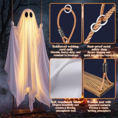 Halloween Decorations Outdoor, 5 FT Hanging Swing Ghost with String Lights​​, Light Up Large Spooky Cute Decor Kit, Scary Party Decoration for Outside, Garden, Yard, Lawn, Home - Image 6