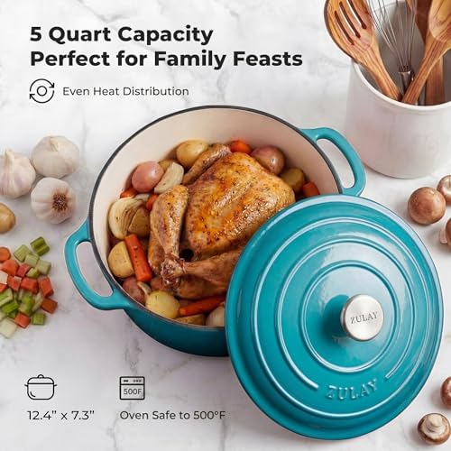 Zulay Kitchen 5 Quart Enameled Cast Iron Dutch Oven Pot with Lid – Premium Durability & Oven Safe up to 500°F – Heavy Duty Cookware Perfect for Bread Baking, Stews, Braising & Roasting – Light Blue - Image 6