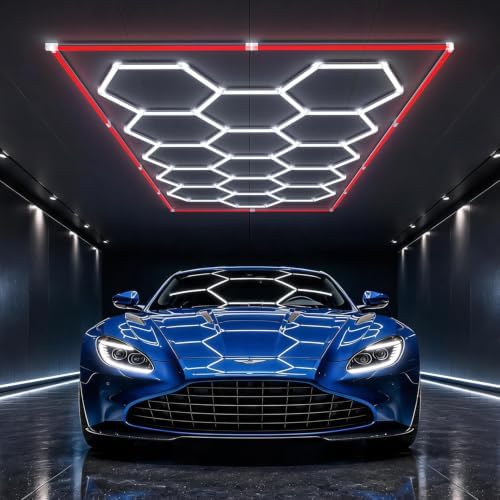 HYPERLITE Gen II Hexagon Garage Lights: 15 Grids with Border DIY Hexagon Led Lights, 6500K Ultra Bright, Easy Install Hex Light, Durable Design for Garage, Car Detailing, Workshops, Gym(Red) by HYPERLITE