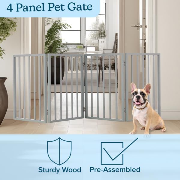 Pet Gate - 4-Panel Indoor Foldable Dog Fence for Stairs, Hallways, or Doorways - 72x24-Inch Retractable Wood Freestanding Dog Gates by PETMAKER (Gray) - Image 3