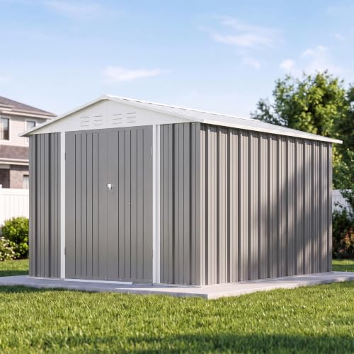 Devoko 8x10 FT Outdoor Storage Shed, Metal Tool Shed with Lockable Door&Slooping Roof, Outside Storage for Garden Backyard Patio(Gray) by DEVOKO