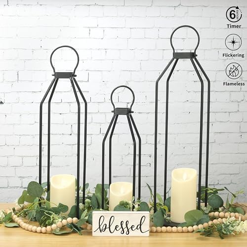 Perfnique Modern Farmhouse Lanterns, Set of 3 Black Metal Lanterns w/ 6hr Timer Flickering Flameless Candles, Decorative for Outdoor Decor, Front Porch, Indoor, Patio, Garden, Fireplace, Christmas - Image 2