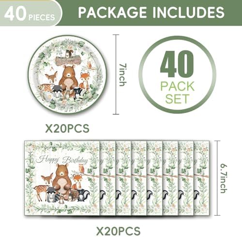40pcs Animals Party Supplies,Woodland Party Decoration Supplies,Used for Animals Birthday Decoration,Include 20 dinner plates, 20 Napkin - Image 2