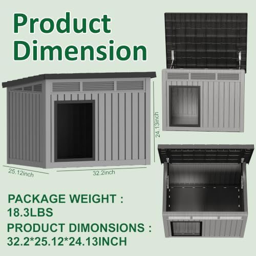 Chicken Coop with Hydraulic Air Rod, Resin Duck Coop with Elevated Floor and Air Vents, Duck House, Backyard Poultry Pet Shelter with Weatherproof Openable Roof, for Chicken, Ducks, Rabbits, Grey - Image 6