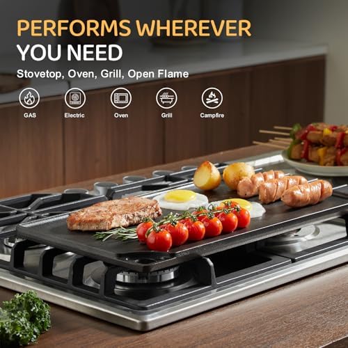 EWFEN Reversible Grill/Griddle, 16.7x9.5'' Pre-Seasoned Cast Iron Griddle Pan, Double Burner Cookware, Rectangular Stovetop Griddle with Handles, Flat Top Plate for Oven, Grill & Campfire - Image 4