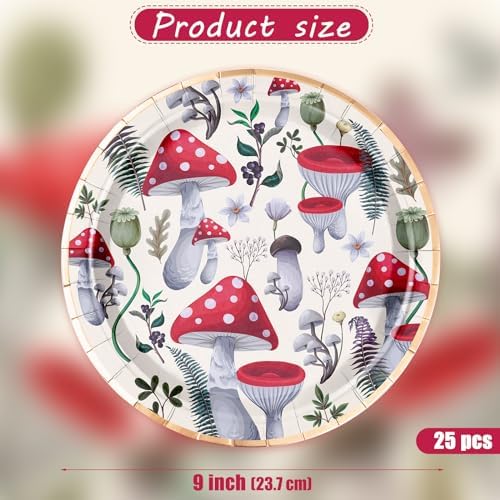 WRAPAHOLIC 25Pcs Mushroom Paper Plates - 9 Inch Red Mushroom Theme Disposable Plates Decorative Dinner Plates for Party Tableware Supplies Table Decor - Image 2