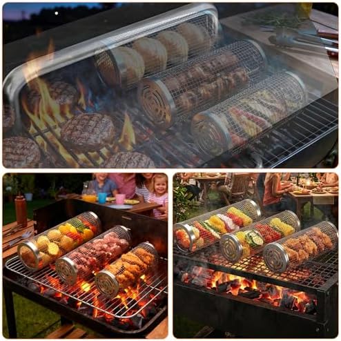 3 Pcs Rolling Grill Baskets for Outdoor Grill Accessories, BBQ Grilling Basket for Vegetables Shrimp Kebob, Outdoor Cooking Camping, Birthday Gifts for Men Dad Husband - Image 6