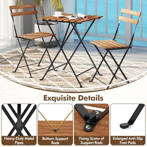 GIANTEX 3-Piece Acacia Wood Bistro Set, Patio Bistro Table with 2 Folding Chairs, Slatted Seat & Tabletop, Metal Frame, Outdoor Furniture Set for Backyard, Porch, Garden, Poolside (Black + Brown) - Image 6