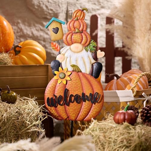 TERESA'S COLLECTIONS Fall Outdoor Decor, Gnomes Decorations for Yard, Metal Pumpkin Fall Garden Decorations, Welcome Signs Stakes, Thanksgiving Orange Autumn Decor for Lawn Patio, 16" - Image 3