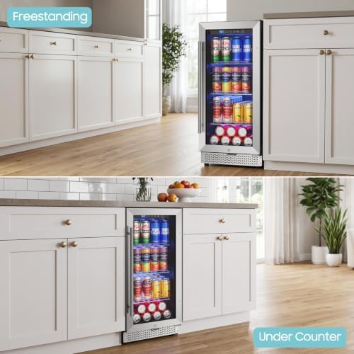15 Inch Beverage Refrigerator, 100 Can Under Counter Beverage Fridge with Glass Door Built-in or Freestanding, Drink Fridge for Soda Beer Wine-Kitchen Bar Office - Image 7