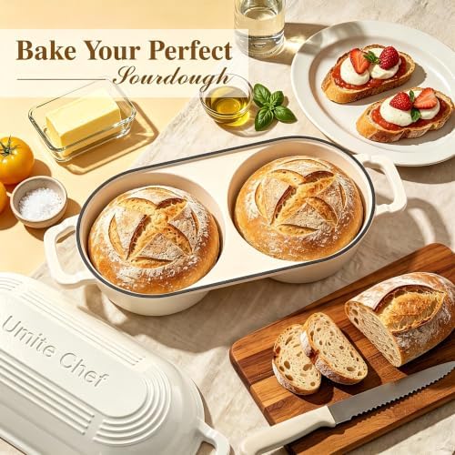 Dutch Oven for Sourdough Bread Baking - Enameled Cast Iron Dutch Oven Pot with Lid and 5" Banneton Bread Proofing Basket & Cotton Potholders, Dual Round Bread Loaf Pan for Homemade Bread, Meatloaf, Cake– (Cream White) - Image 4