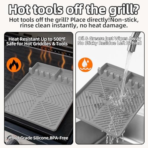 Thickened 16x11.5 Silicone Mat for Blackstone Griddle, Non-Slip Spatula Holder Mat with Grease Drip Pad, Heat-Resistant Outdoor Counter BBQ Accessory, Ideal Gifts for Men, Gray - Image 3