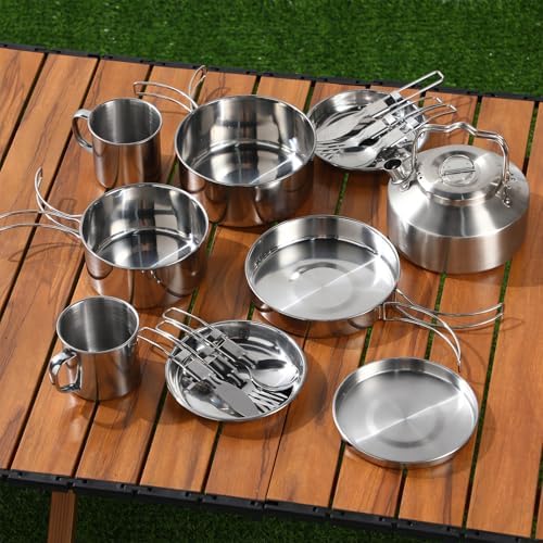 Funnymoom 15 Pcs Camping Cookware Mess Kit Outdoor Cooking Set Stainless Steel with Pot and Pan Kit 2 Set Stainless Steel Cups Plates Forks Knives Spoons for Camping Backpacking Cooking Picnic - Image 6