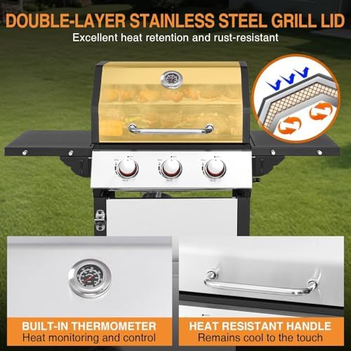 3-Burner Propane Gas Grill with Double-layer Lid, Stainless Steel Hanging Basket & Easy-to-Clean Design – 30,000 BTU BBQ Grill with 2 Folding Sides and Wheels for Outdoor Backyard Patio - Image 3