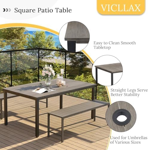 VICLLAX Patio Dining Set for 6, Outdoor Furniture Set Includes 63" Rectangle Patio Table and 6 Patio Sling Chairs, Outdoor Table and Chairs for Outsides, Grey Wood-Like Tabletop and Dark Grey Fabric - Image 3