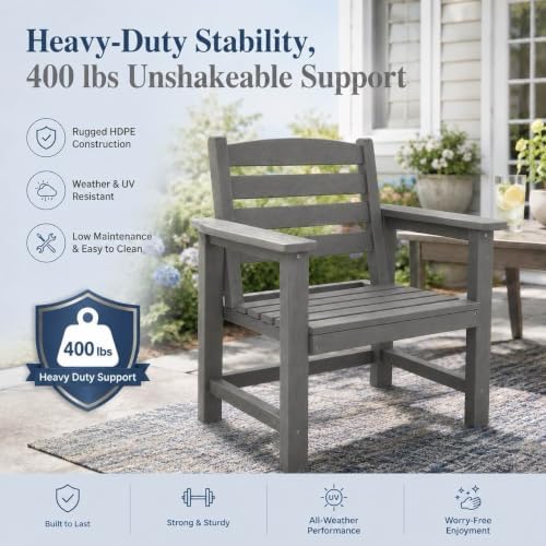 Patio Dining Chairs Set of 2, All-Weather HDPE Outdoor Dining Chair with High Back, Stackable Heavy Duty 400 lbs Lawn Armchair for Backyard Deck Porch Table, Gray - Image 4