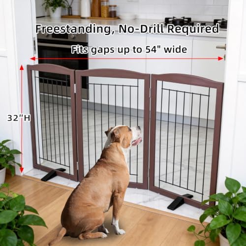 ZJSF Freestanding Dog Fence Indoor, Foldable Dog Gate for Doorways, Stairs or Hallways, Sturdy Wood Extra Wide Pet Gate with Support Feet for The House, Brown, 32 "Height-3 Panels - Image 2