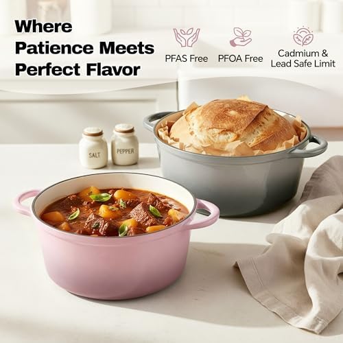 6 Quart Dutch Oven Pot with Lid, Non Stick Enameled Cast Iron Dutch Oven for Bread Baking, Heavy-Duty, Oven Safe Ceramic Cookware Up to 500°F for Baking, Braising, Stews, Roasting, Gray - Image 2