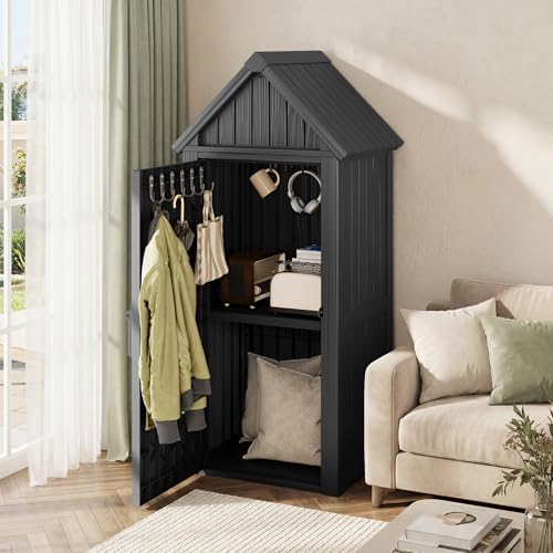Fancyango Outdoor Resin Storage Cabinet Sturdy All-Weather Shed with Removable Shelves Lock Ring & Reinforced Floor – for Garden Patio Lawn (Black) - Image 6